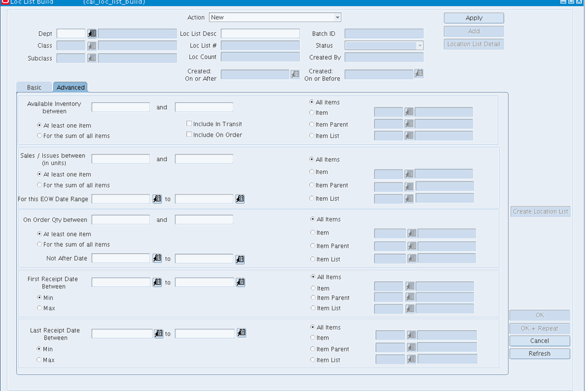 Item List and Location List Build screen