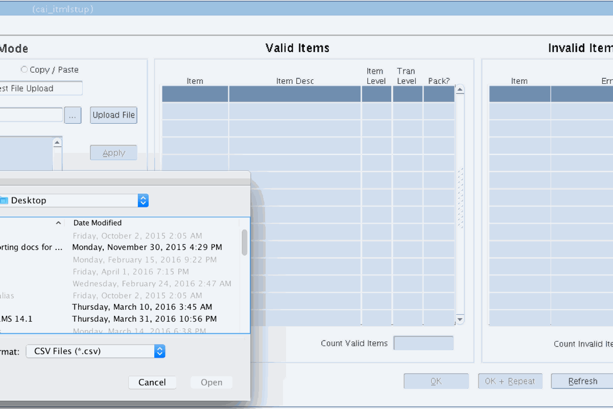 Item List and Location List Upload screen