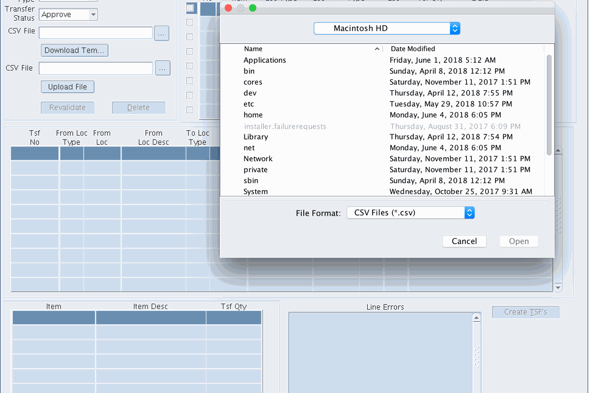 Transfer Upload screen for moving inventory between locations