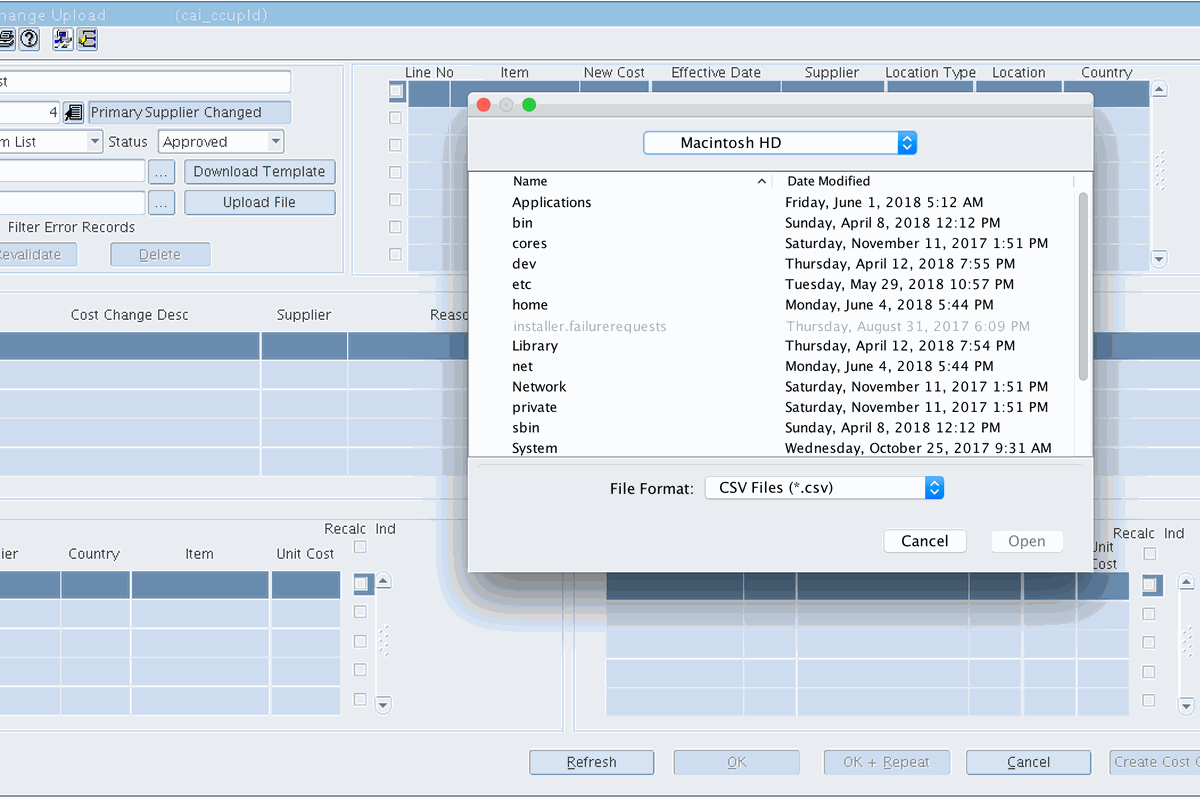 Cost Change Upload screen