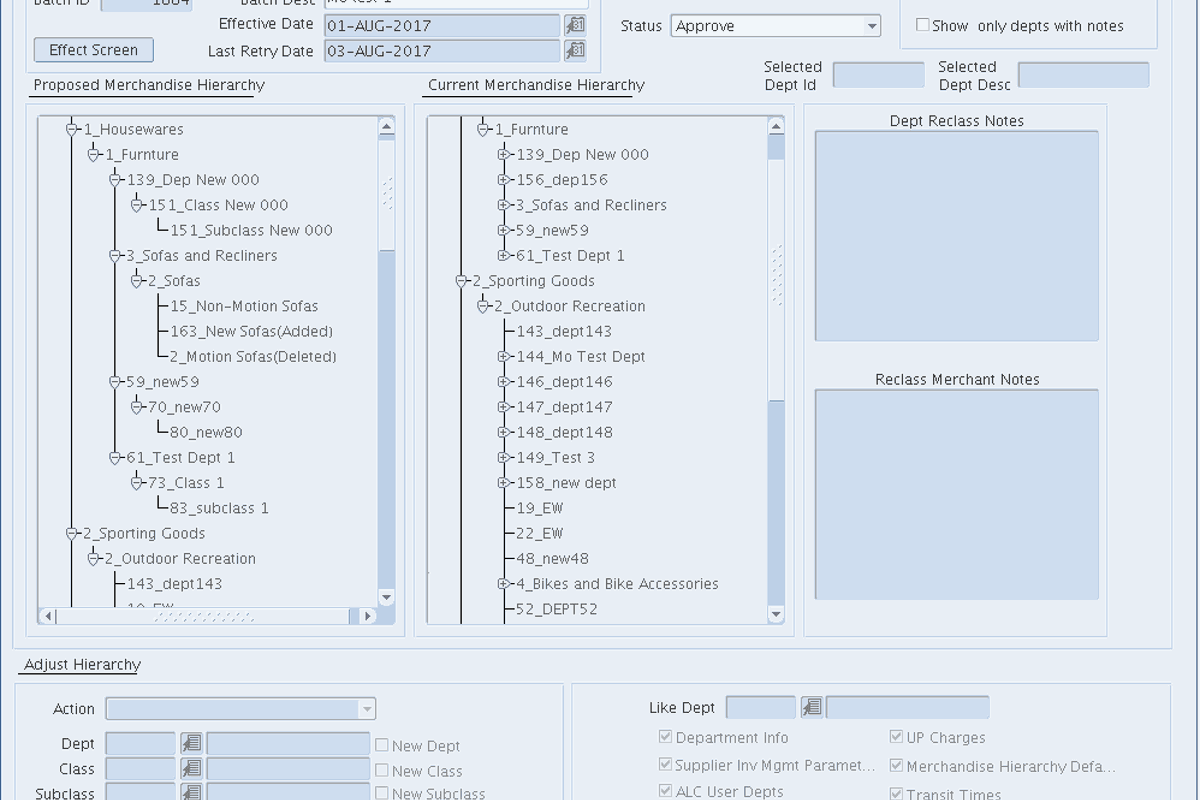 Mass Reclass screen for merchandise reclassification events