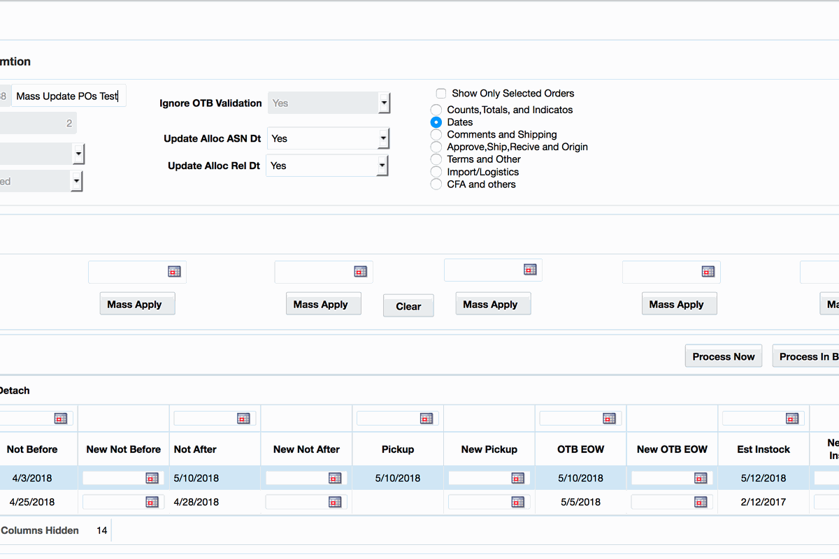 Mass PO Change screen showing bulk PO approval interface