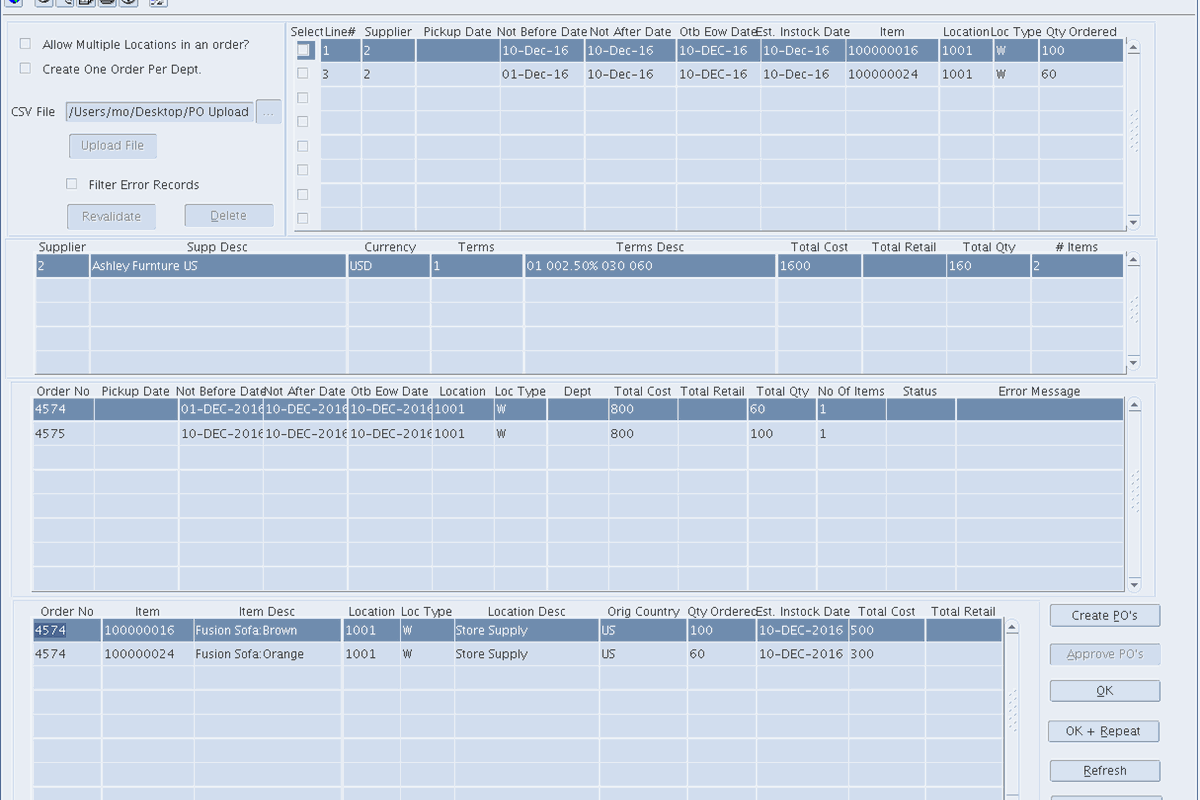 PO Upload screen showing Excel-based purchase order creation
