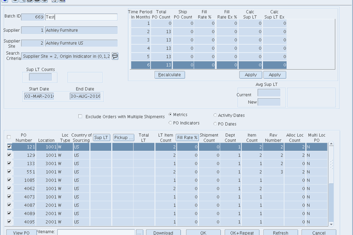 Vendor Score Card showing shipment performance metrics