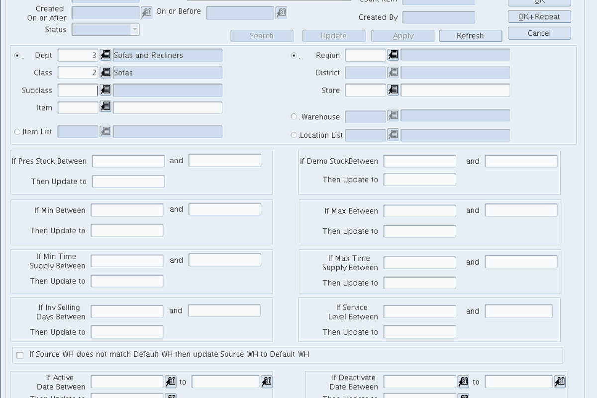 Replenishment Update screen for bulk parameter changes
