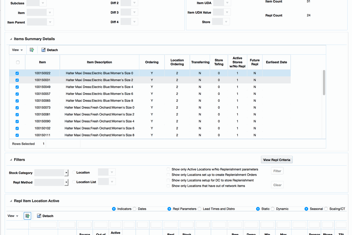 Replenishment View showing current and future replenishment parameters